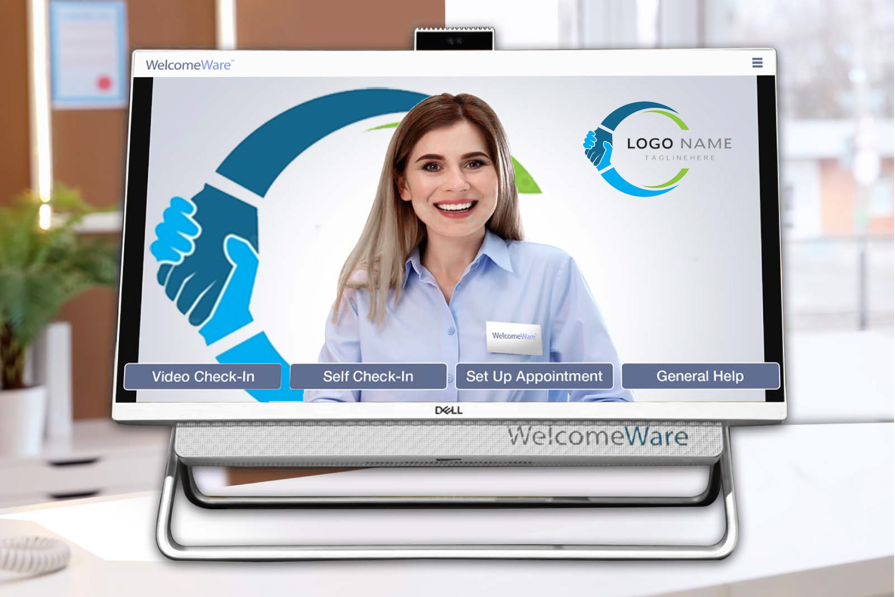friendly live virtual receptionist displayed on the kiosk