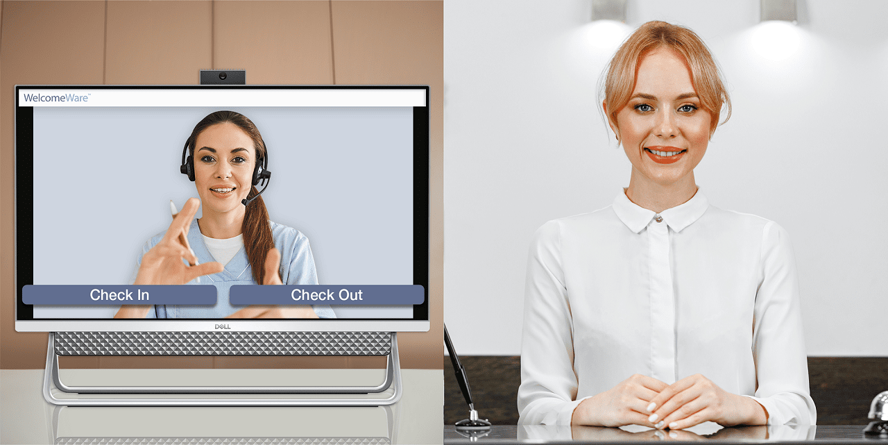 Side-by-side image of virtual medical receptionist and in-person receptionist