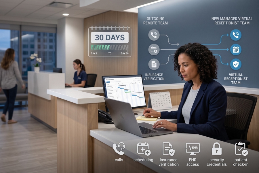 A medical operations manager seated at a modern clinic front desk uses a laptop to execute a detailed virtual assistant outsourcing transition plan. The screen shows a 30-day timeline and workflow moving administrative tasks from an outgoing team to a new virtual team.
